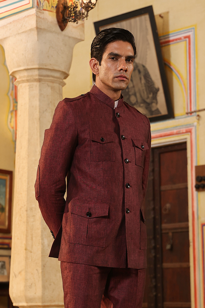 Wine Bandhgala Jacket rawandrustic