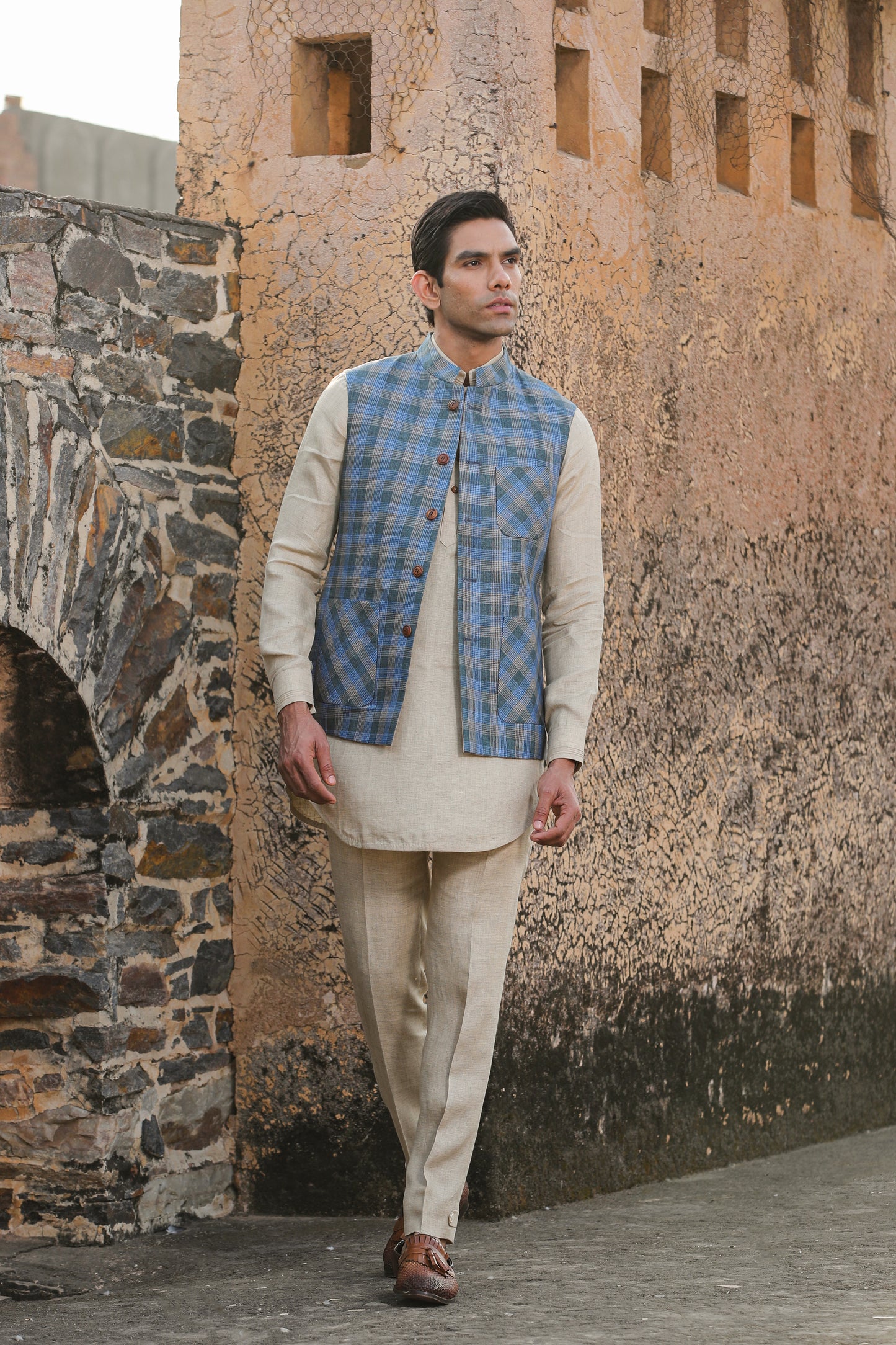 Beige Signature Reversible Checkered Bandi