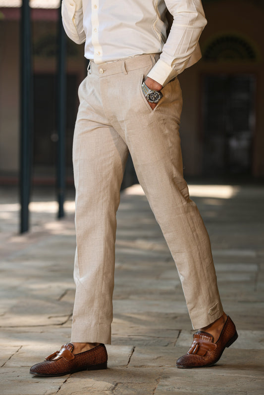 Beige Looped Button Bottom Linen Pants
