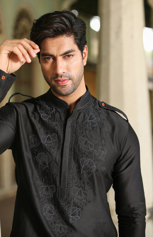 Black Applique Embroidered Silk Kurta