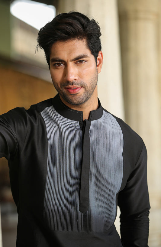 Black Pintuck Ombré Silk Kurta