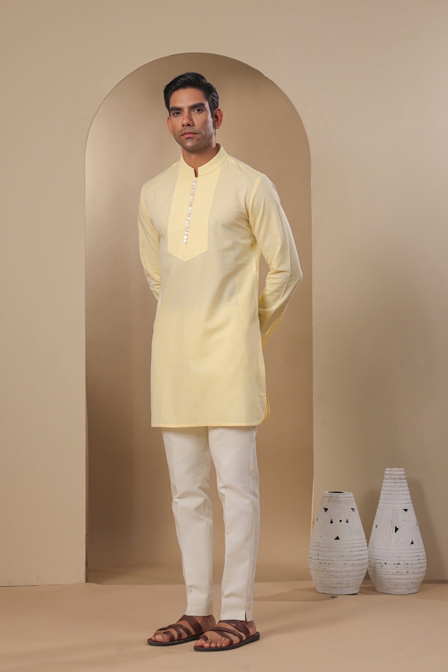 Yellow Multibutton Front Open Kurta