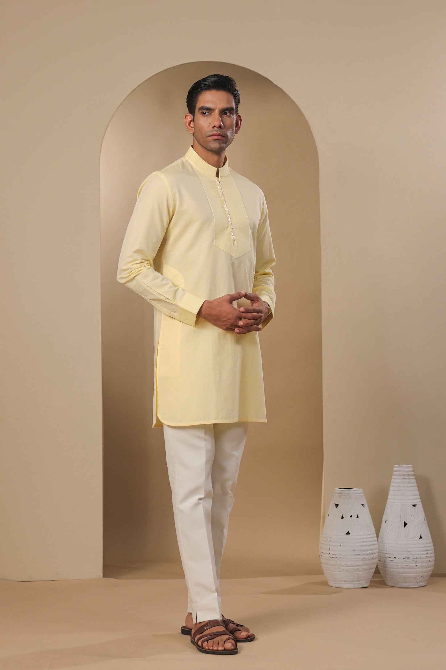 Yellow Multibutton Front Open Kurta