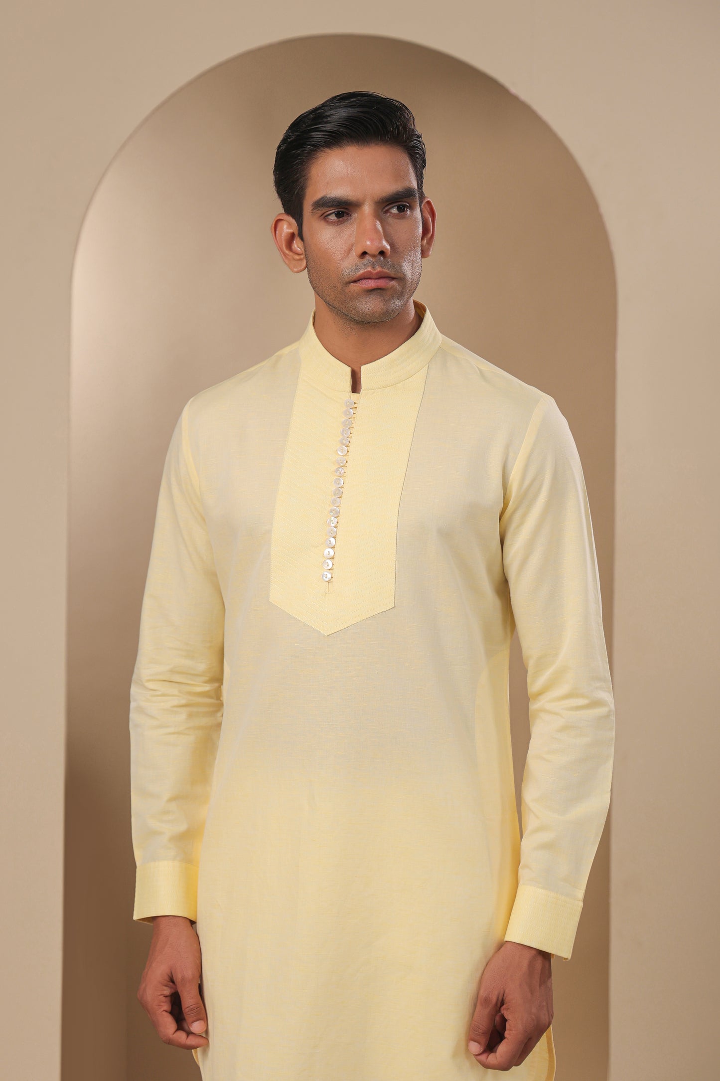 Yellow Multibutton Front Open Kurta