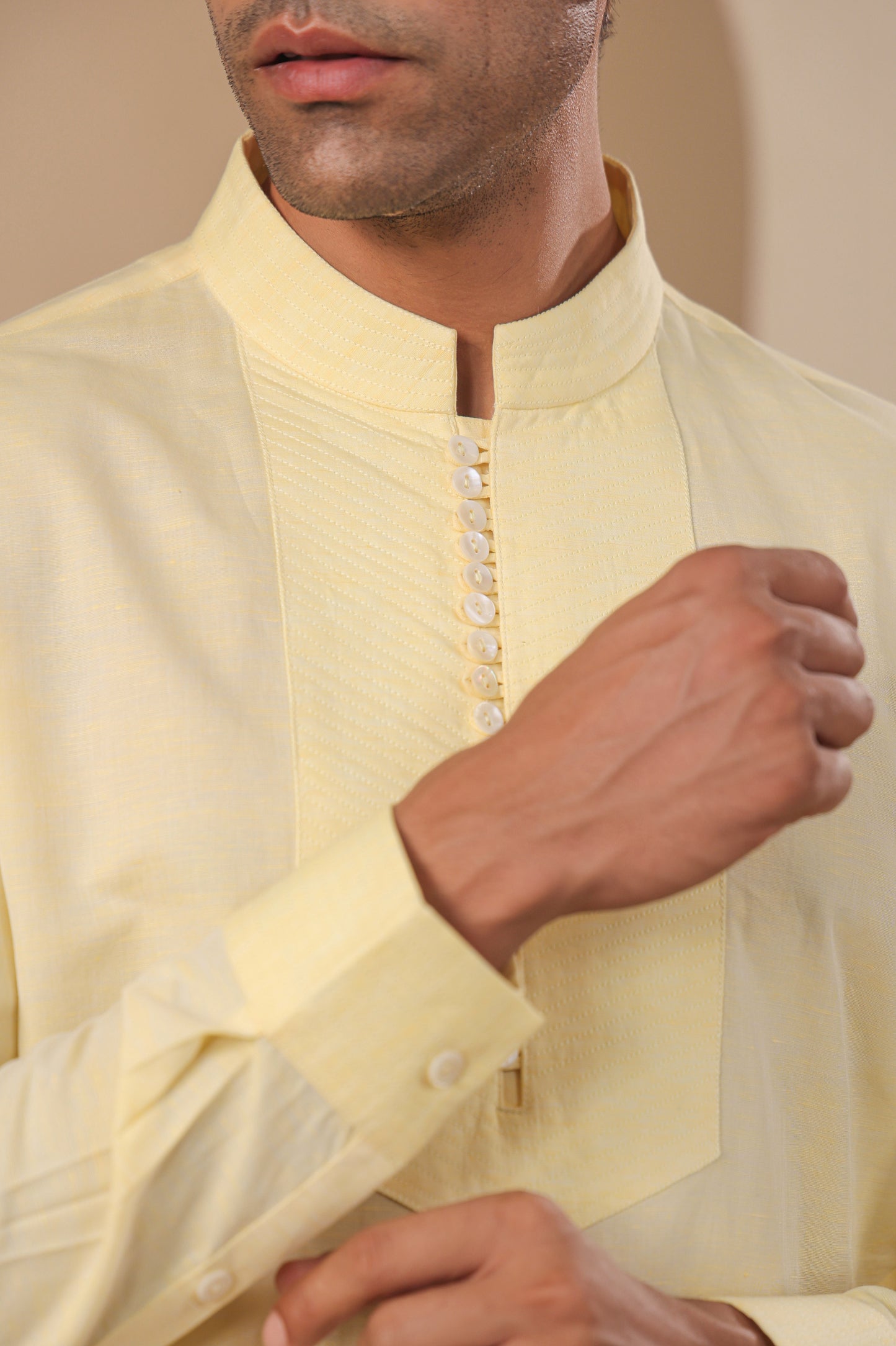 Yellow Multibutton Front Open Kurta