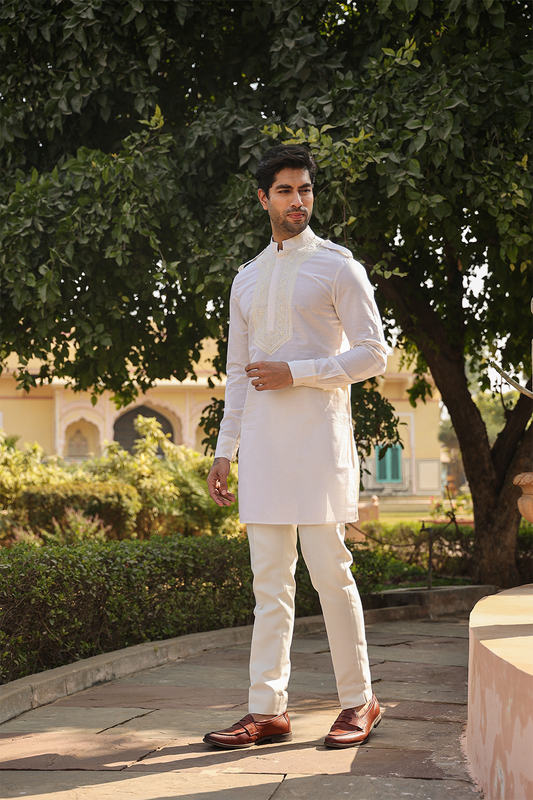 Cream Lucknowi Embroidered Kurta