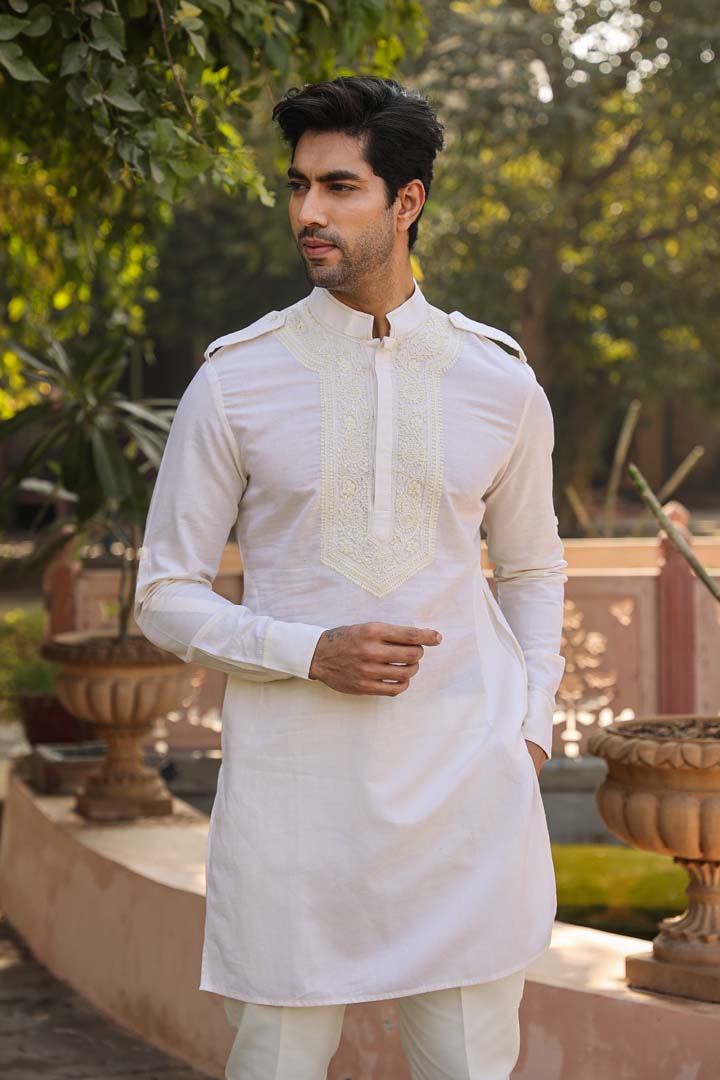 Cream Lucknowi Embroidered Kurta