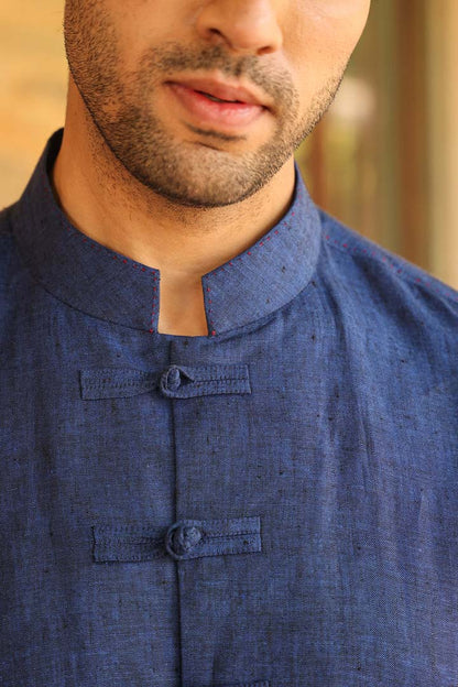 Blue Mandarin Knot Linen Shirt