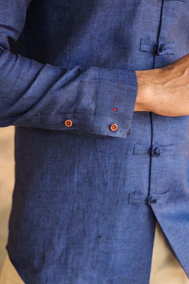 Blue Mandarin Knot Linen Shirt