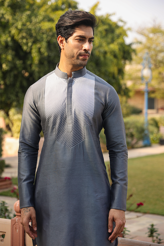 Grey Cross Stitch Ombré Kurta