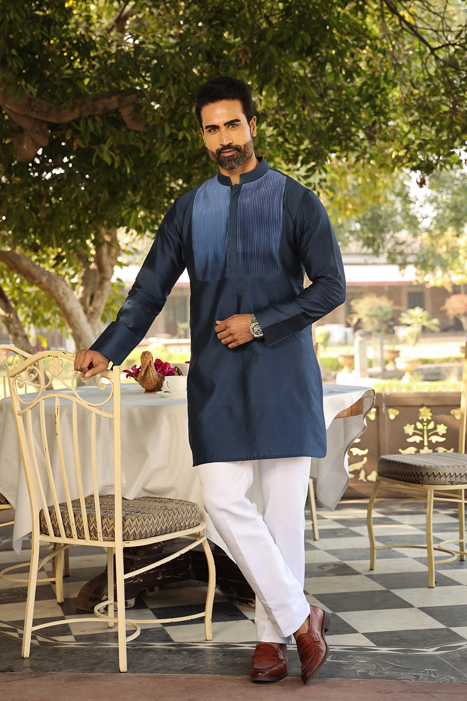 Blue Pintuck Ombré Silk Kurta