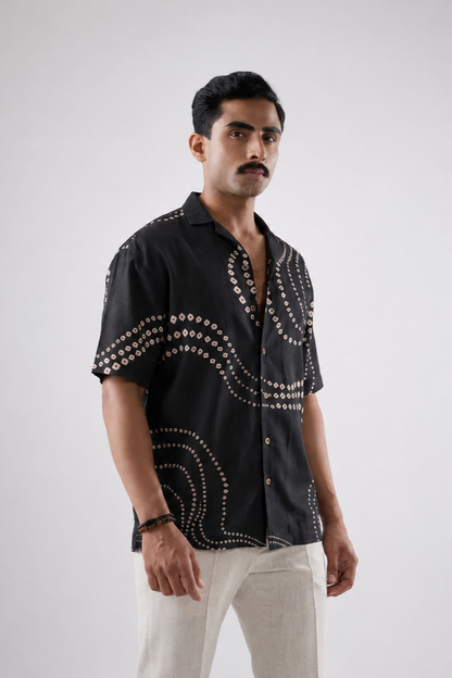 Black Bandhani Cuban Collar Shirt