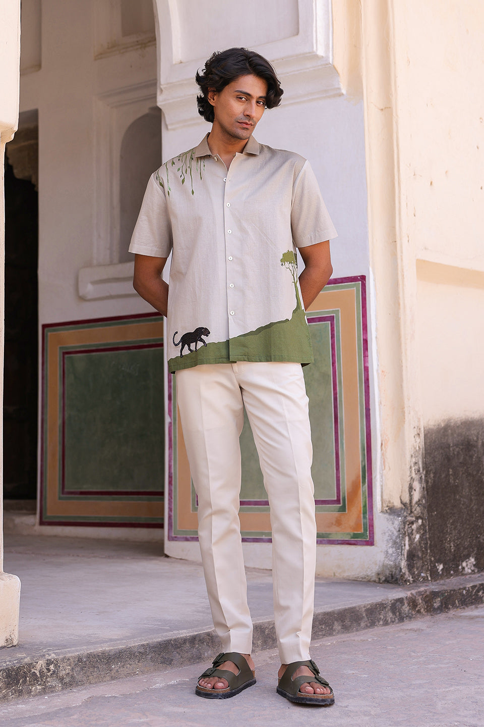 Ivory Embroidered Cuban Collar Shirt Panther