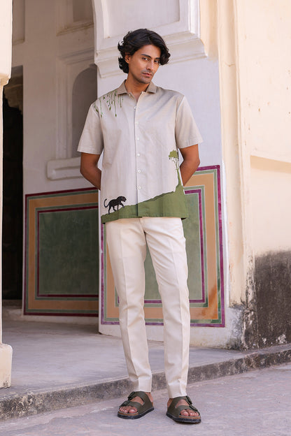 Ivory Embroidered Cuban Collar Shirt Panther