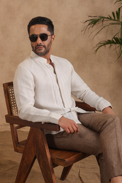 Full Sleeves Mandarin Collar Striped Shirt With Striped Yoke