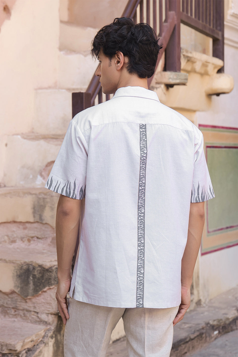 Ivory Embroidered Cuban Collar Shirt Zebra