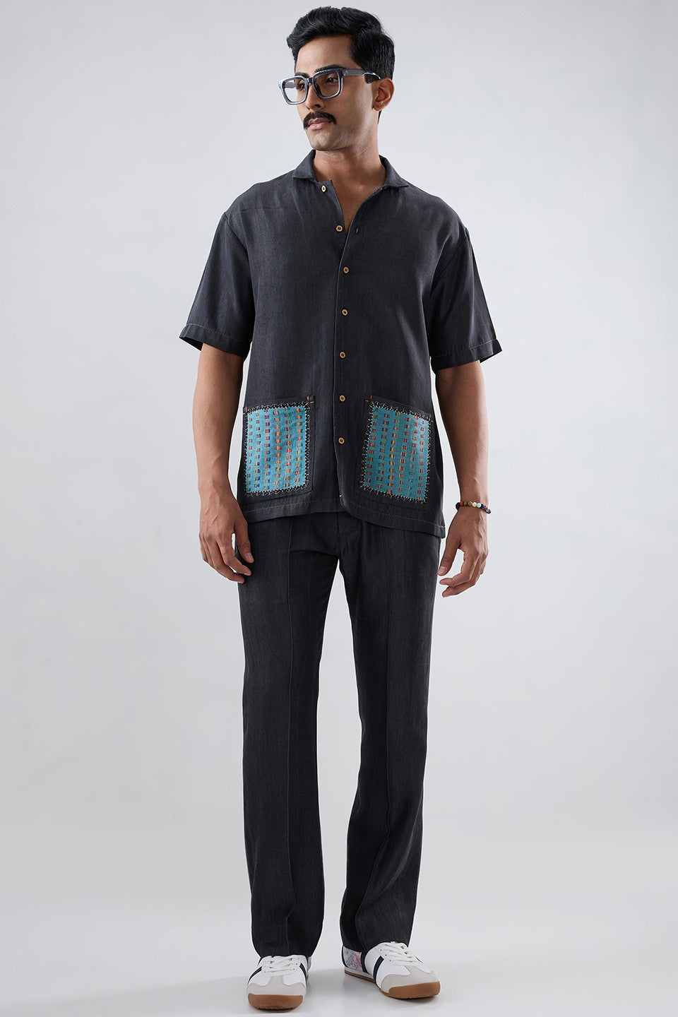 Black Denim Pocket Patchwork Shirt