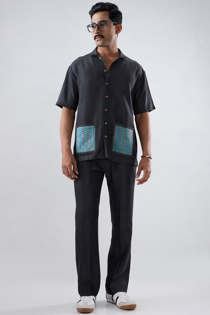 Black Denim Pocket Patchwork Shirt