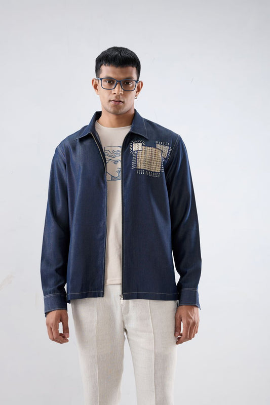 Dark Blue Denim Midnight Mosaic Zipper Patchwork Shacket