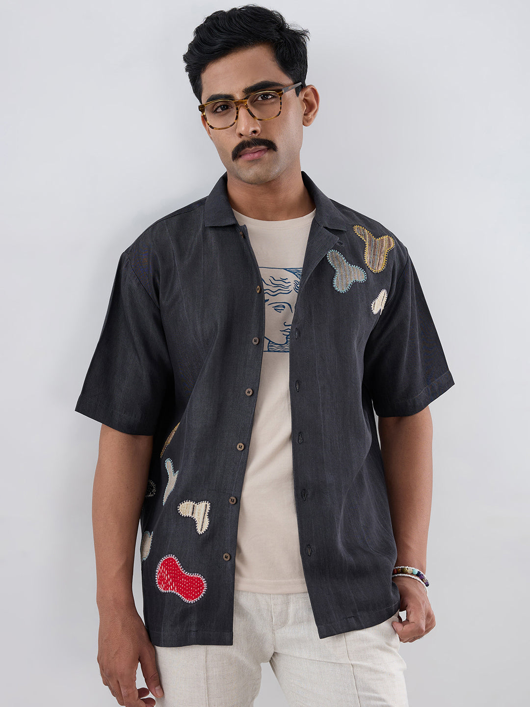 Black Denim Grid Patchwork Shirt