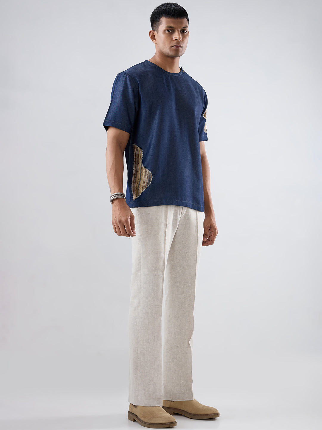 Dark Blue Denim Artisanal Patchwork T-shirt