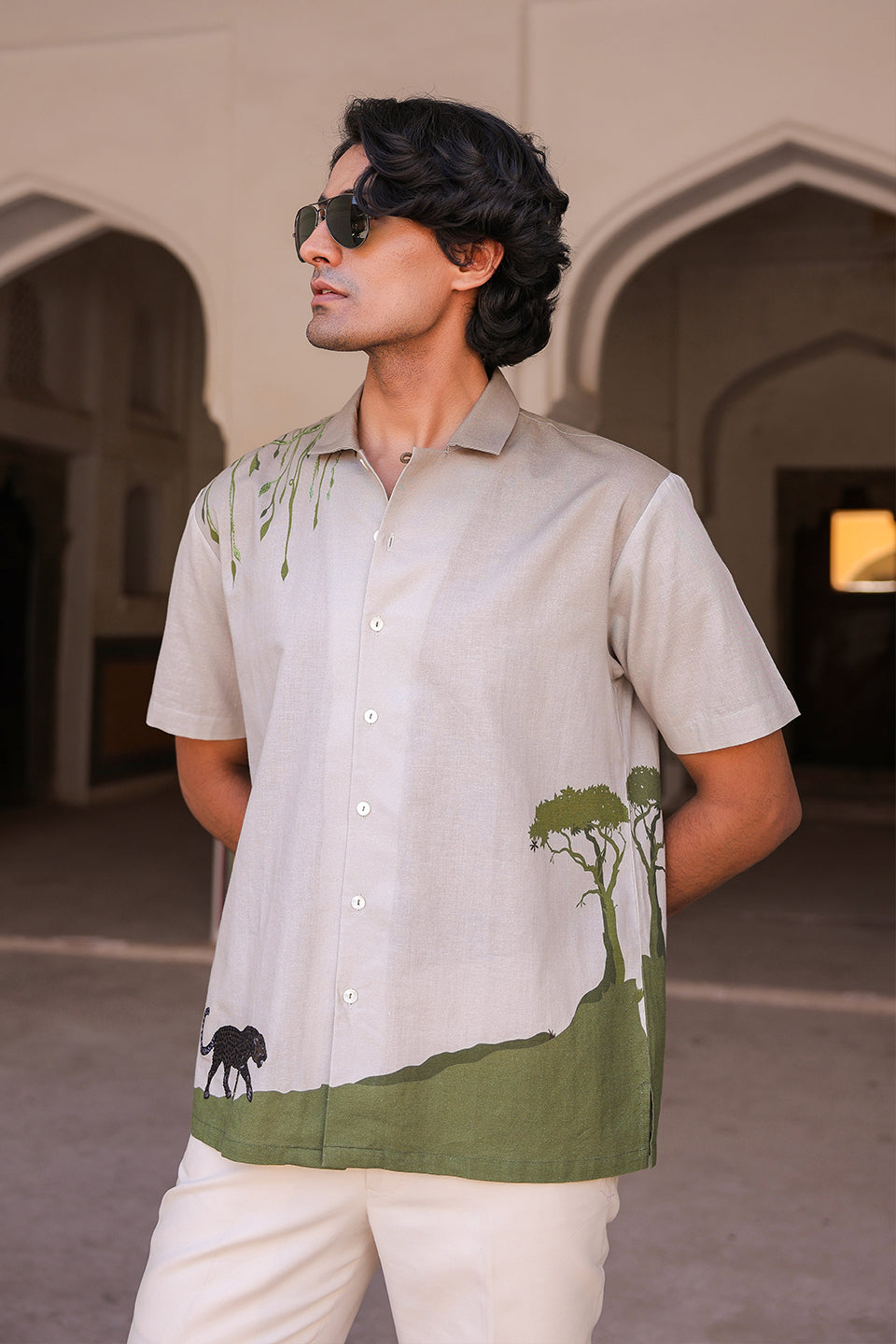 Ivory Embroidered Cuban Collar Shirt Panther