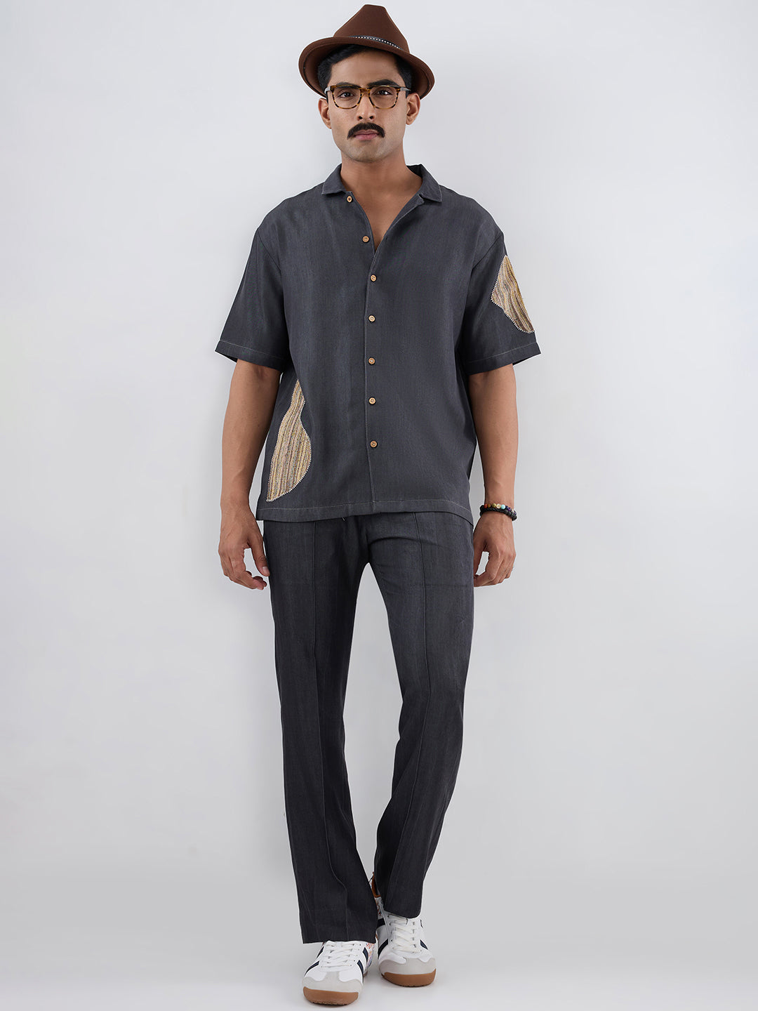 Black Denim Artisanal Patchwork Shirt