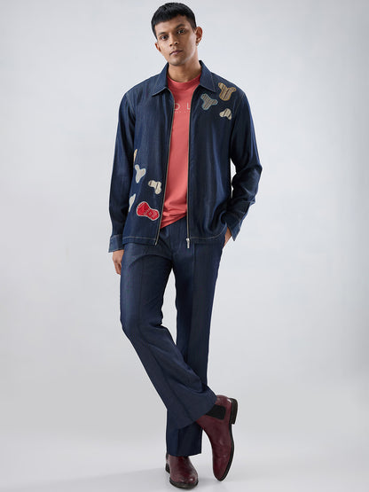 Dark Blue Denim Grid Zipper Patchwork Shacket