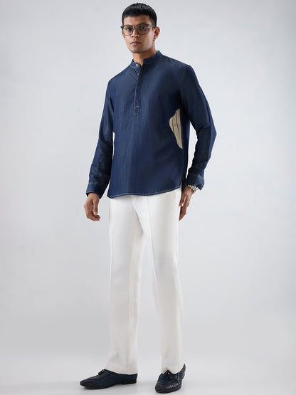 Dark Blue Denim Asymmetric Patchwork Kurta Shirt