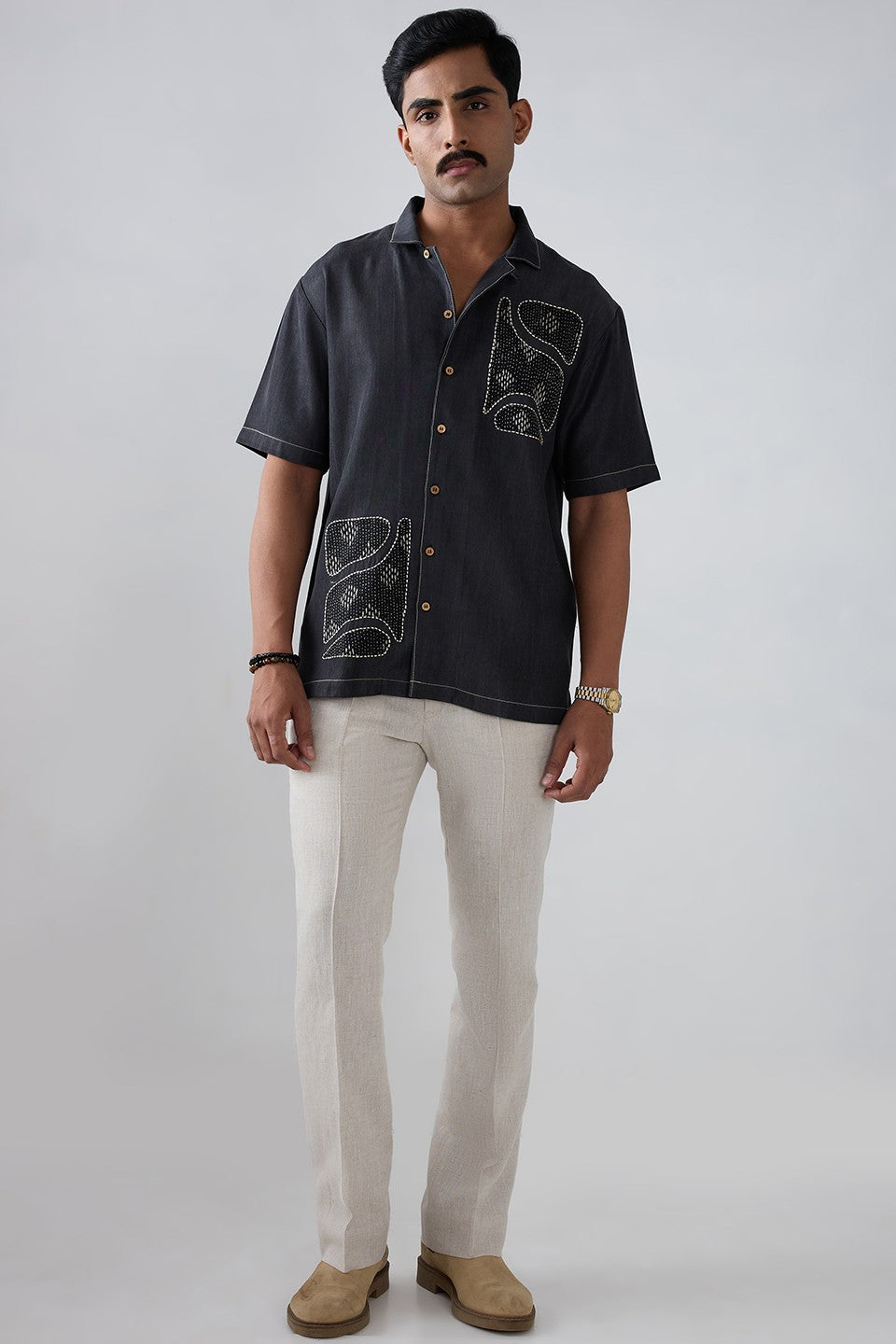Black Denim Kantha Patchwork Shirt