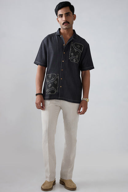 Black Denim Kantha Patchwork Shirt