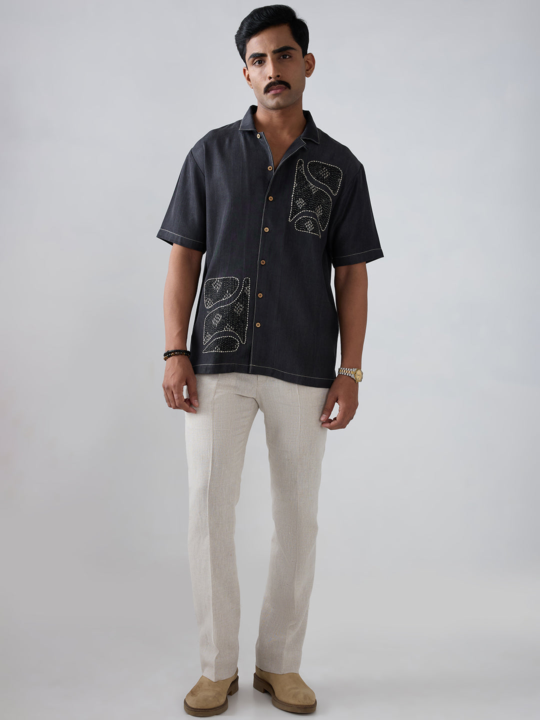 Black Denim Kantha Patchwork Shirt