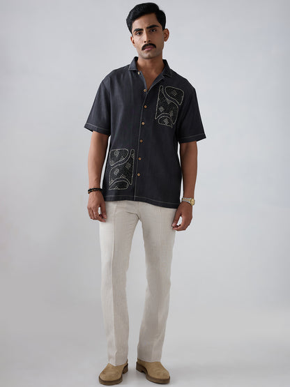 Black Denim Kantha Patchwork Shirt