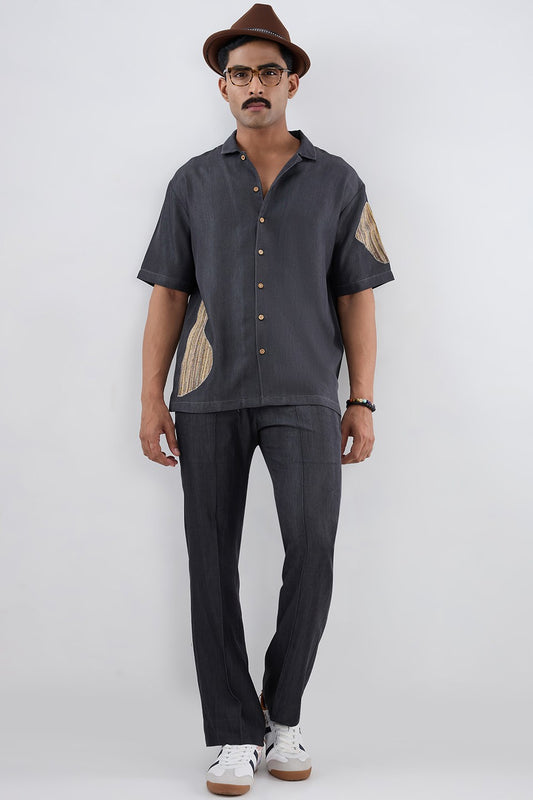 Black Denim Artisanal Patchwork Shirt