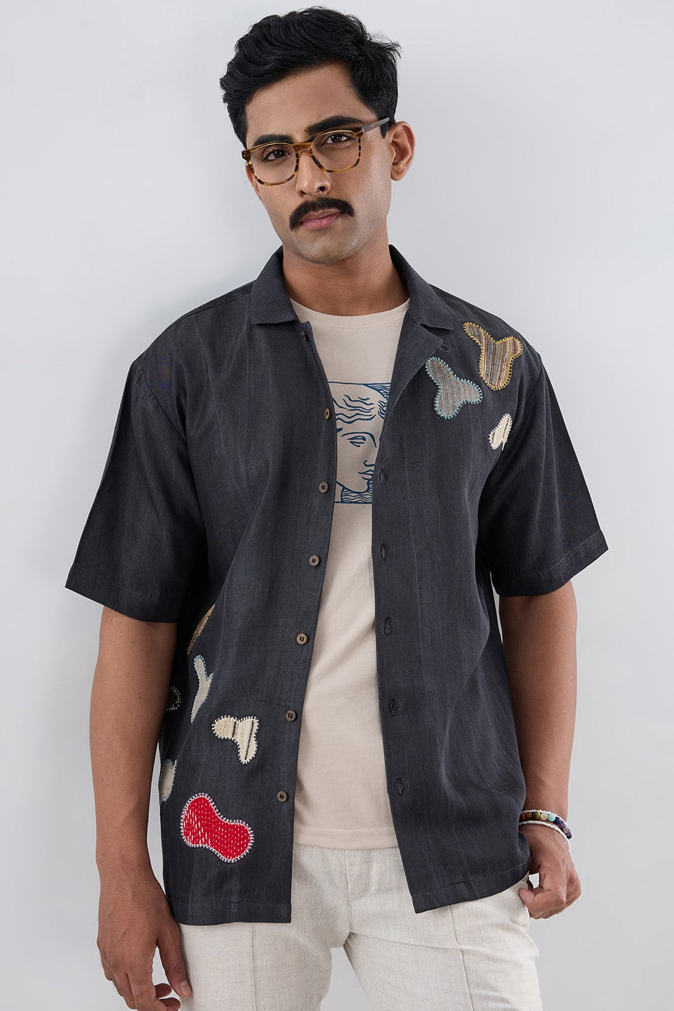 Black Denim Grid Patchwork Shirt