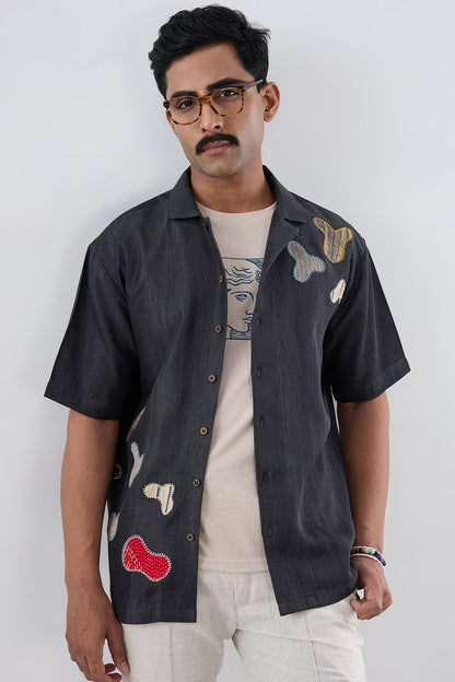 Black Denim Grid Patchwork Shirt