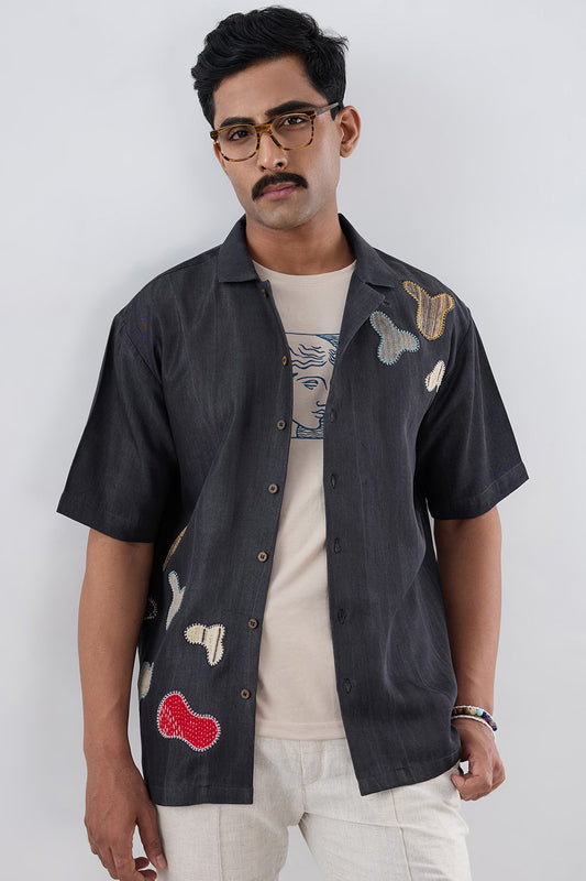 Black Denim Grid Patchwork Shirt