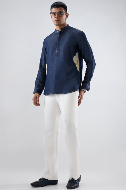 Dark Blue Denim Asymmetric Patchwork Kurta Shirt