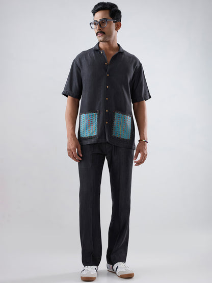 Black Denim Pocket Patchwork Shirt