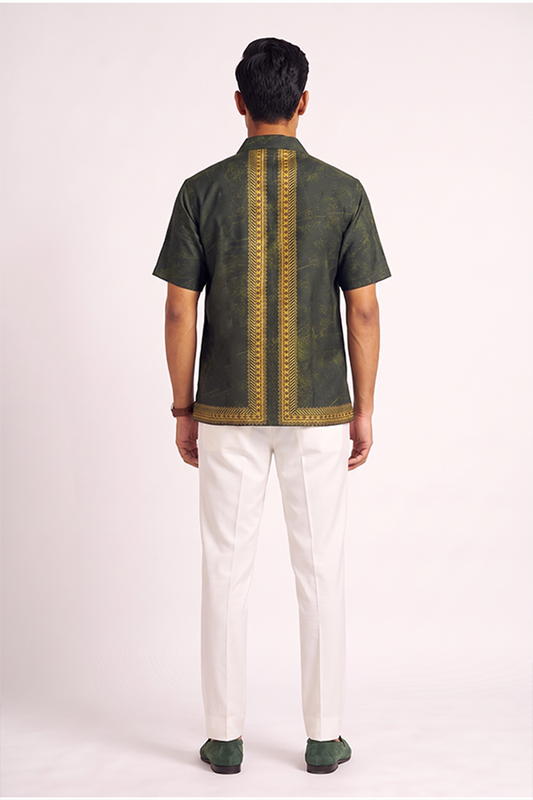 Olive Green Regal Silk Cuban Collar Shirt