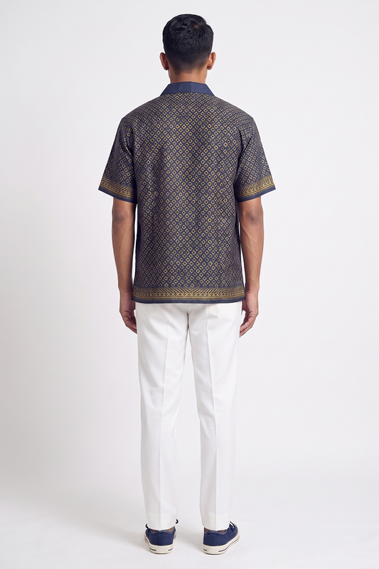 Blue Mosiac Silk Cuban Collar Shirt
