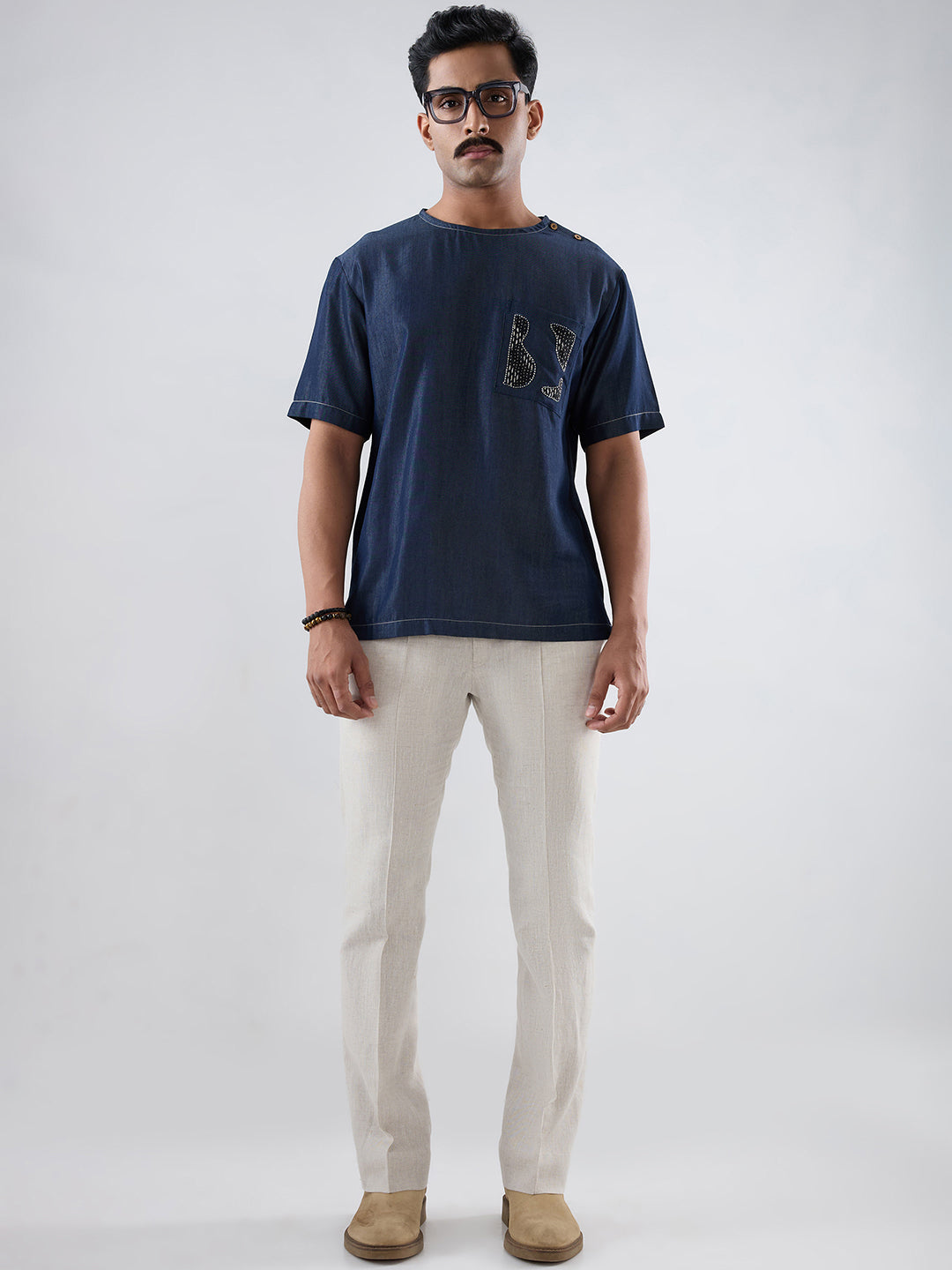 Dark Blue Denim Kantha Patch Pocket T-shirt