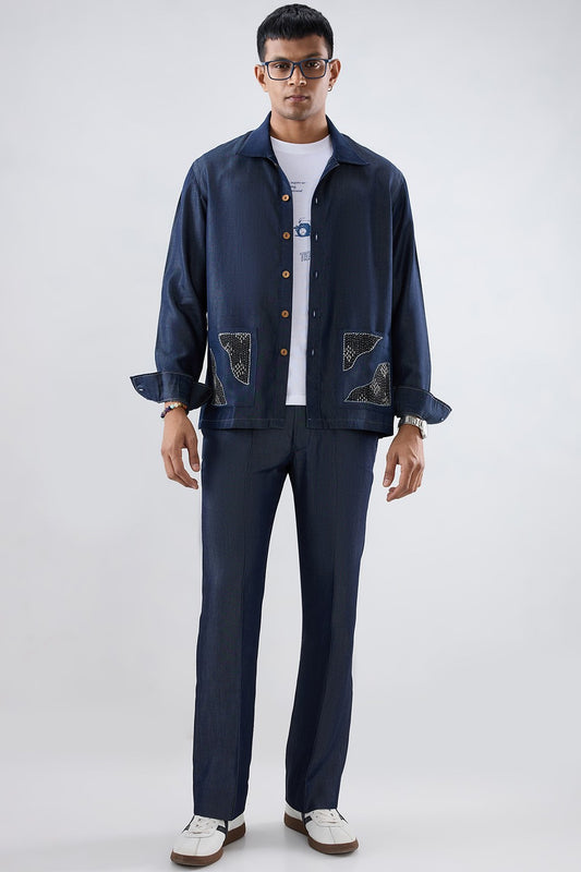 Dark Blue Denim Artisanal Kantha Patchwork Shacket