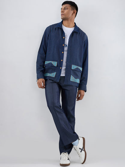 Dark Blue Denim River Flow Patchwork Shacket