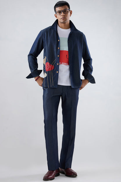 Dark Blue Denim Rust Panel Patchwork Shacket