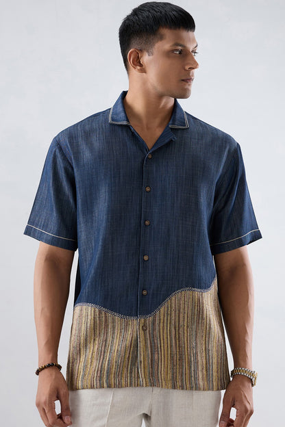 Dark Blue Denim Urban Patchwork Shirt