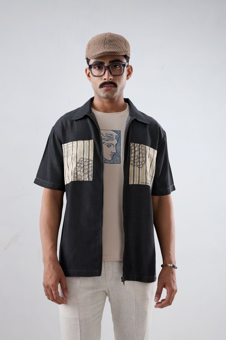 Black Denim Cloud Zipper Patchwork Shirt