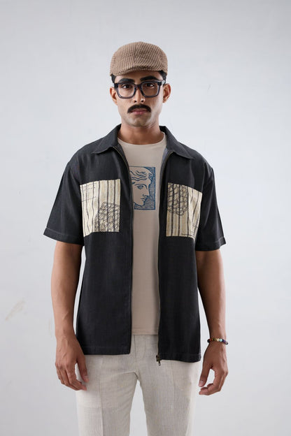 Black Denim Cloud Zipper Patchwork Shirt
