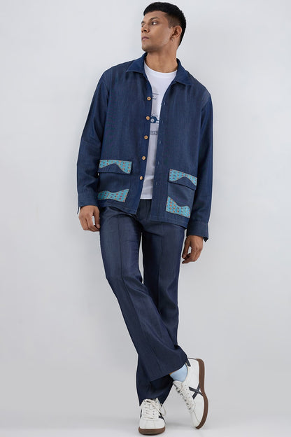 Dark Blue Denim River Flow Patchwork Shacket