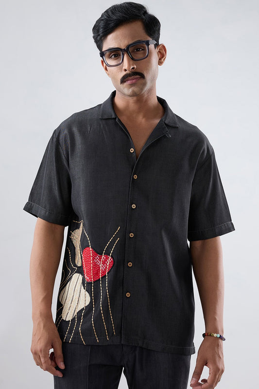 Black Denim Rust Panel Patchwork Shirt